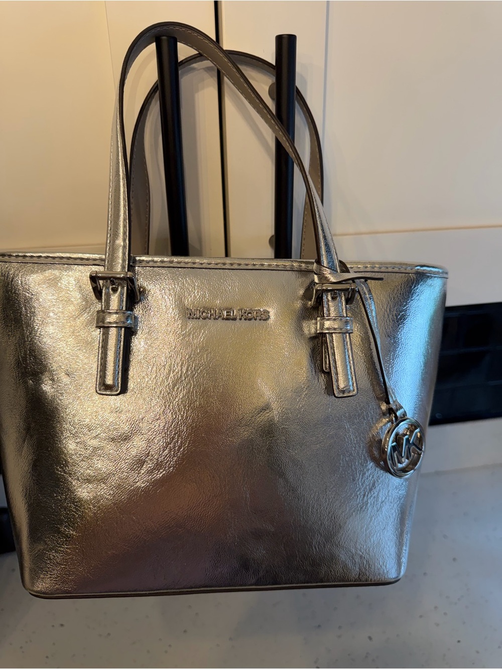 Michael Kors Silver Metallic Tote with MK Charm